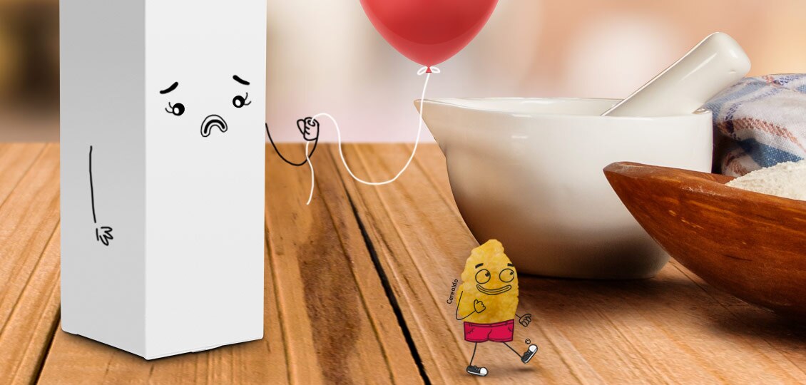 Cerealdo se aleja caminando, mientras una caja de leche triste sostiene un globo
