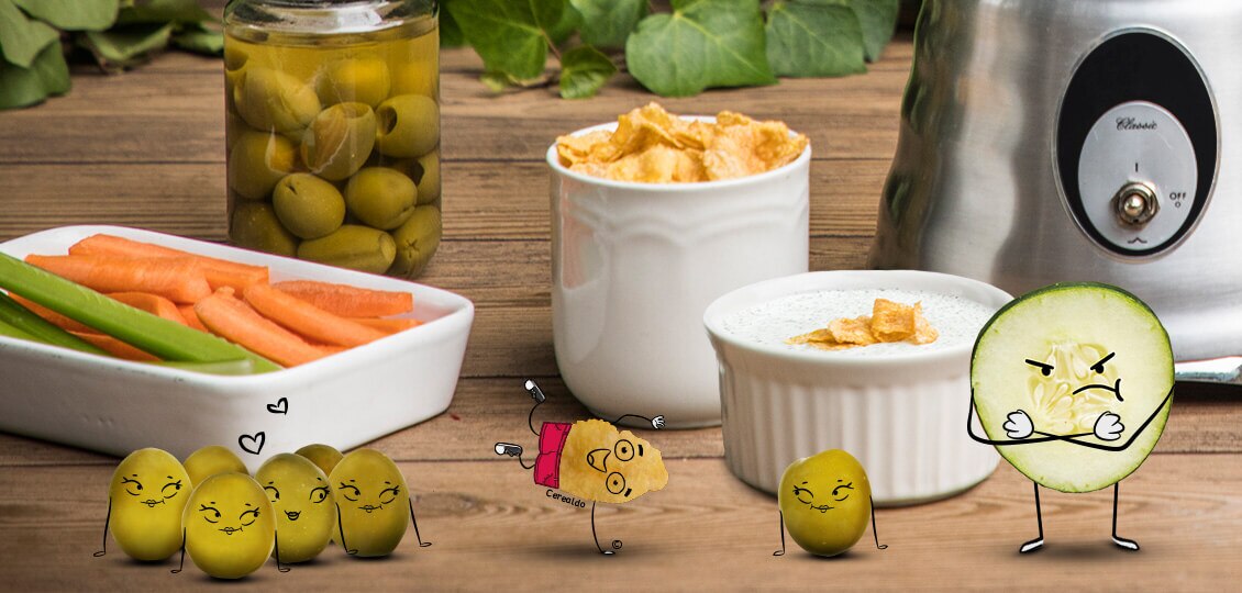 Cerealdo baila, a la izquierda aceitunas enamoradas, la derecha un pepino rebanado enojado.